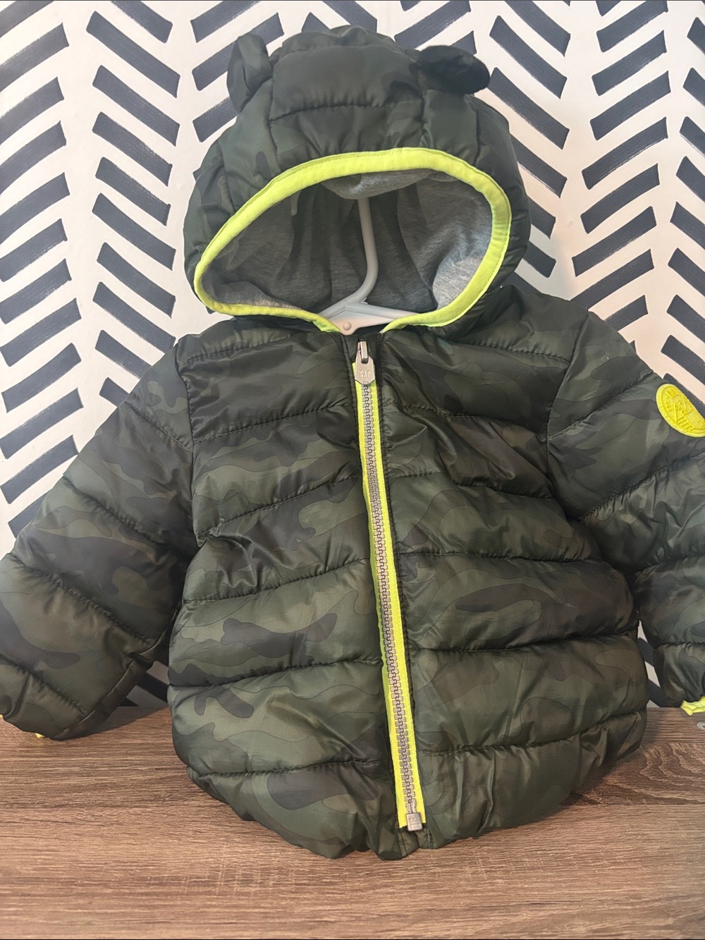 GAP Kids Green Camo Puffer Jacket with Hood